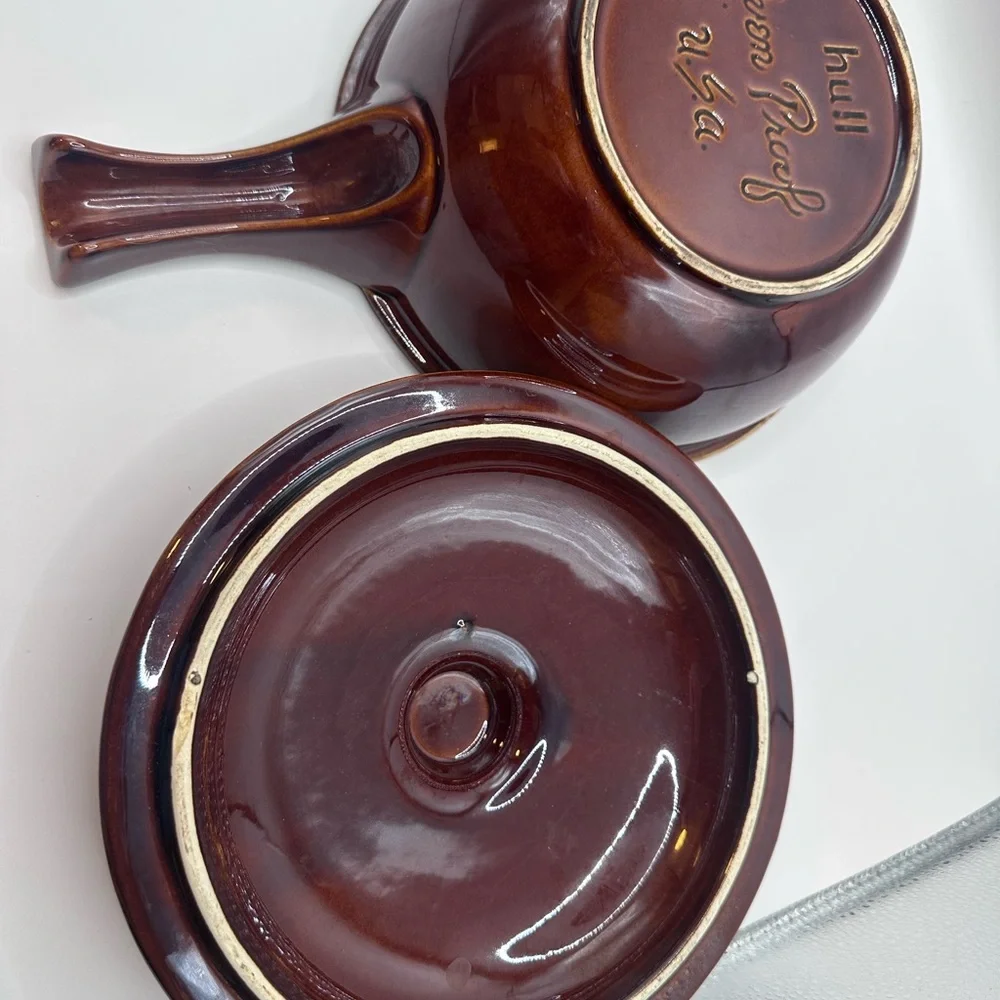Vintage Hull Oven Proof Brown Drip Handled Soup Crock Bowl USA